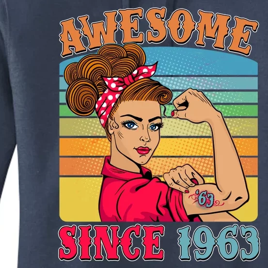 Awesome Since 1963 60th Birthday Messy Bun Rosie The Riveter Women's Pullover Hoodie