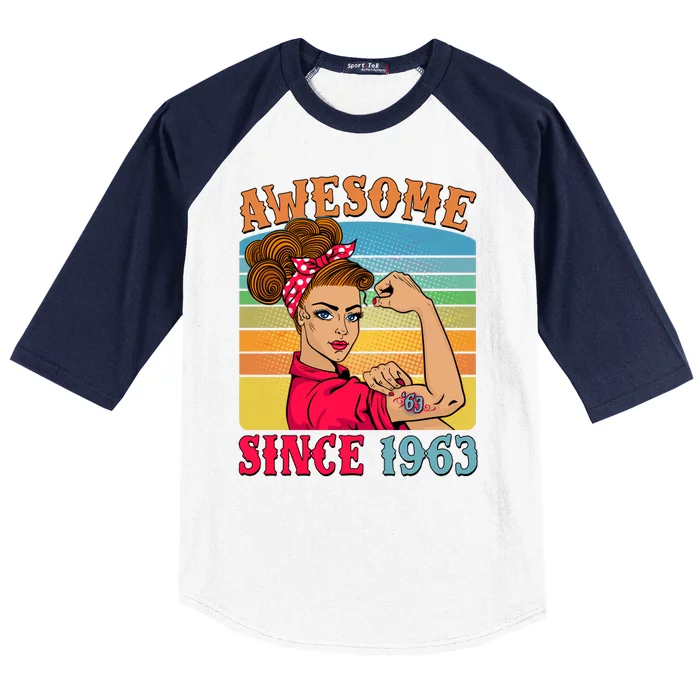 Awesome Since 1963 60th Birthday Messy Bun Rosie The Riveter Baseball Sleeve Shirt