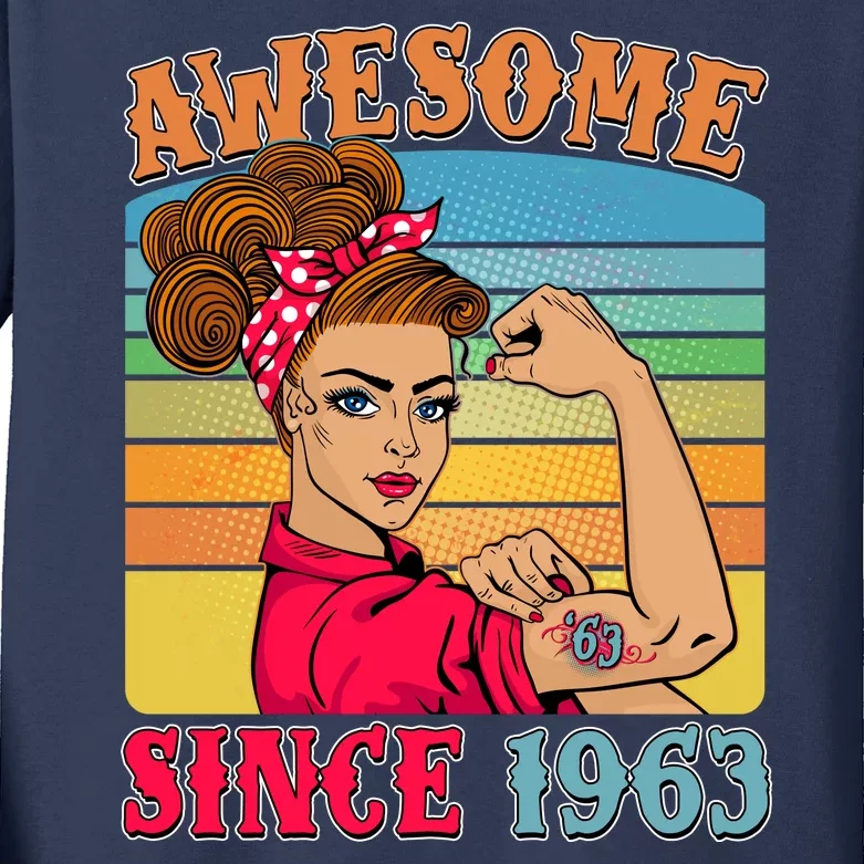 Awesome Since 1963 60th Birthday Messy Bun Rosie The Riveter Kids Long Sleeve Shirt