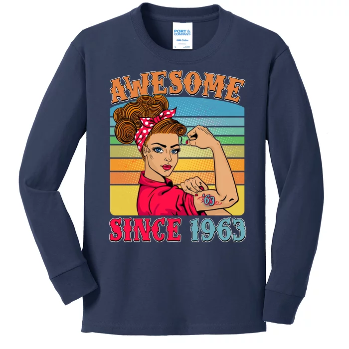 Awesome Since 1963 60th Birthday Messy Bun Rosie The Riveter Kids Long Sleeve Shirt