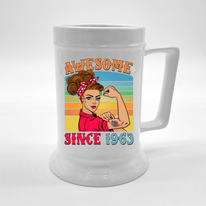 Awesome Since 1963 60th Birthday Messy Bun Rosie The Riveter Front & Back Beer Stein