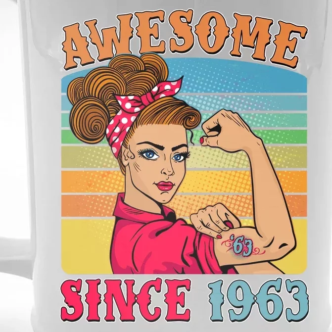 Awesome Since 1963 60th Birthday Messy Bun Rosie The Riveter Front & Back Beer Stein