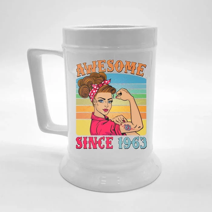 Awesome Since 1963 60th Birthday Messy Bun Rosie The Riveter Front & Back Beer Stein