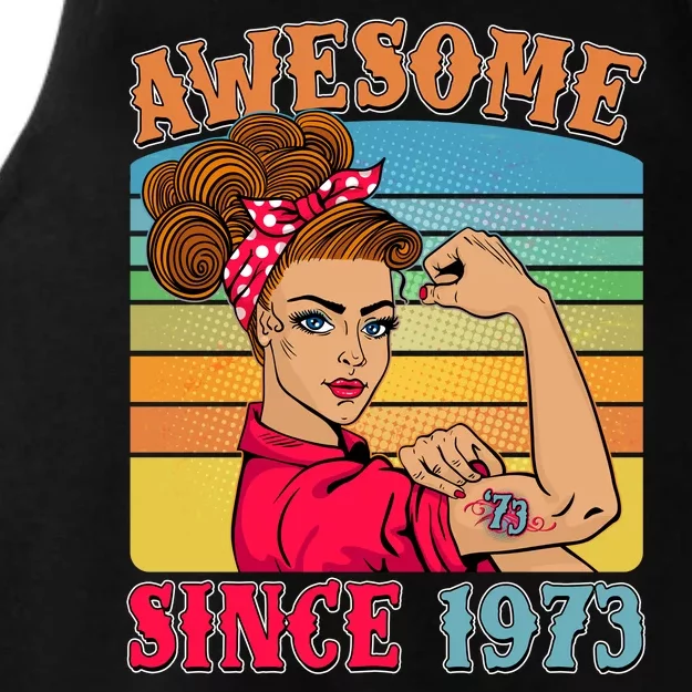 Awesome Since 1973 50th Birthday Messy Bun Rosie The Riveter Ladies Tri-Blend Wicking Tank