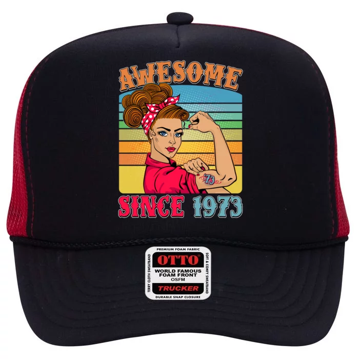 Awesome Since 1973 50th Birthday Messy Bun Rosie The Riveter High Crown Mesh Trucker Hat