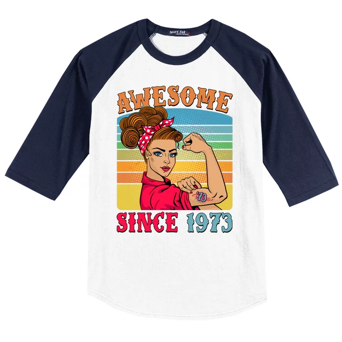 Awesome Since 1973 50th Birthday Messy Bun Rosie The Riveter Baseball Sleeve Shirt