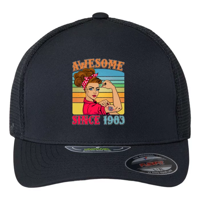 Awesome Since 1983 40th Birthday Messy Bun Rosie The Riveter Flexfit Unipanel Trucker Cap