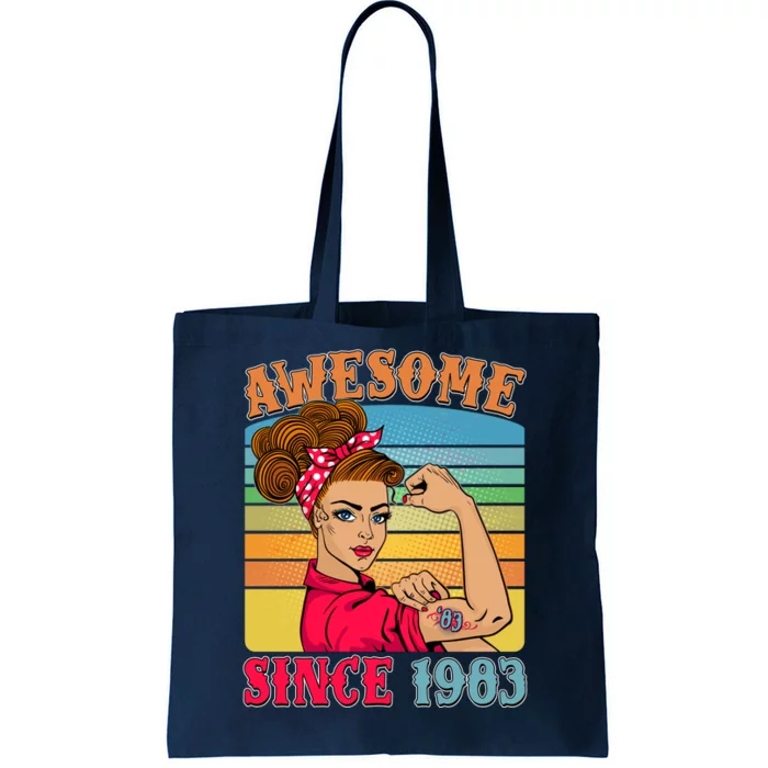 Awesome Since 1983 40th Birthday Messy Bun Rosie The Riveter Tote Bag