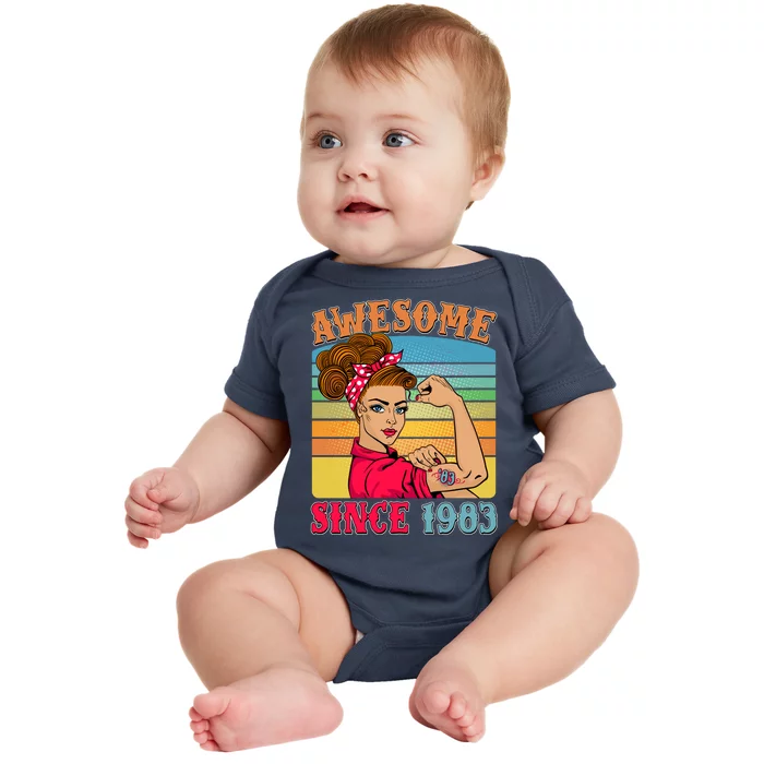 Awesome Since 1983 40th Birthday Messy Bun Rosie The Riveter Baby Bodysuit