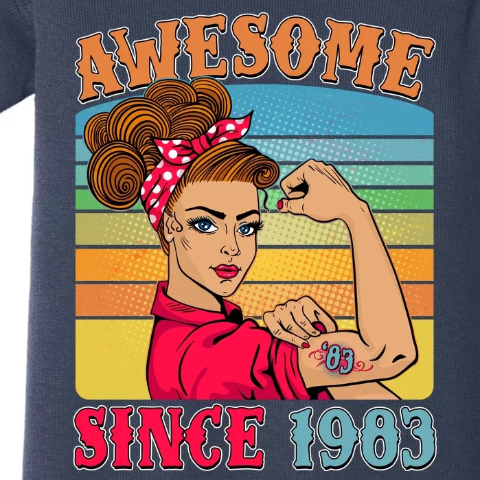 Awesome Since 1983 40th Birthday Messy Bun Rosie The Riveter Baby Bodysuit