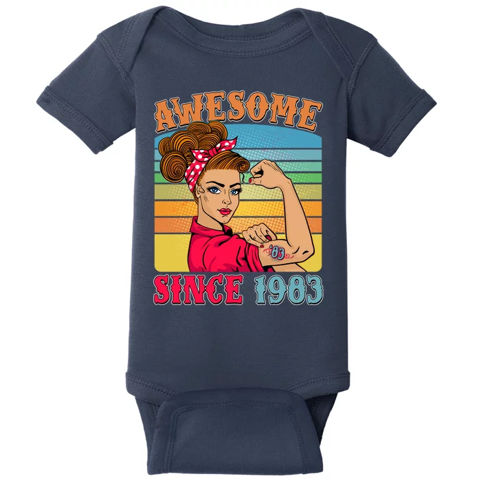 Awesome Since 1983 40th Birthday Messy Bun Rosie The Riveter Baby Bodysuit