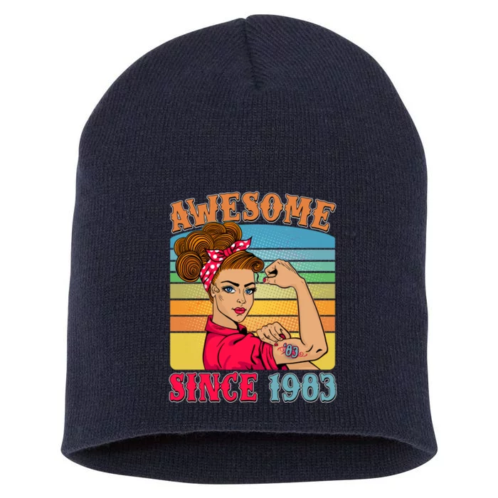 Awesome Since 1983 40th Birthday Messy Bun Rosie The Riveter Short Acrylic Beanie