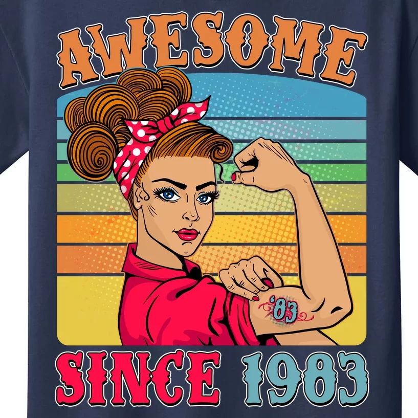 Awesome Since 1983 40th Birthday Messy Bun Rosie The Riveter Kids T-Shirt