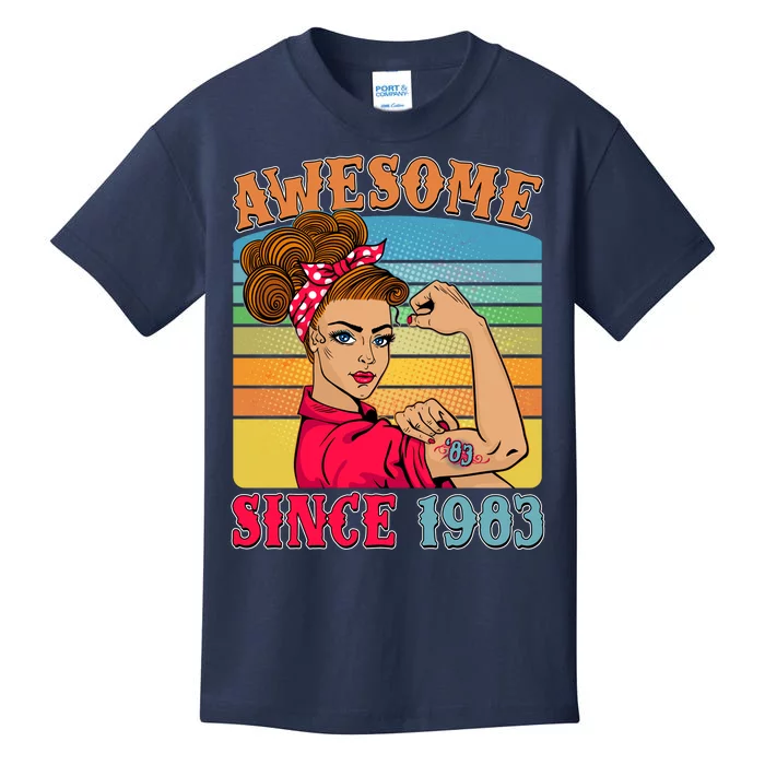 Awesome Since 1983 40th Birthday Messy Bun Rosie The Riveter Kids T-Shirt