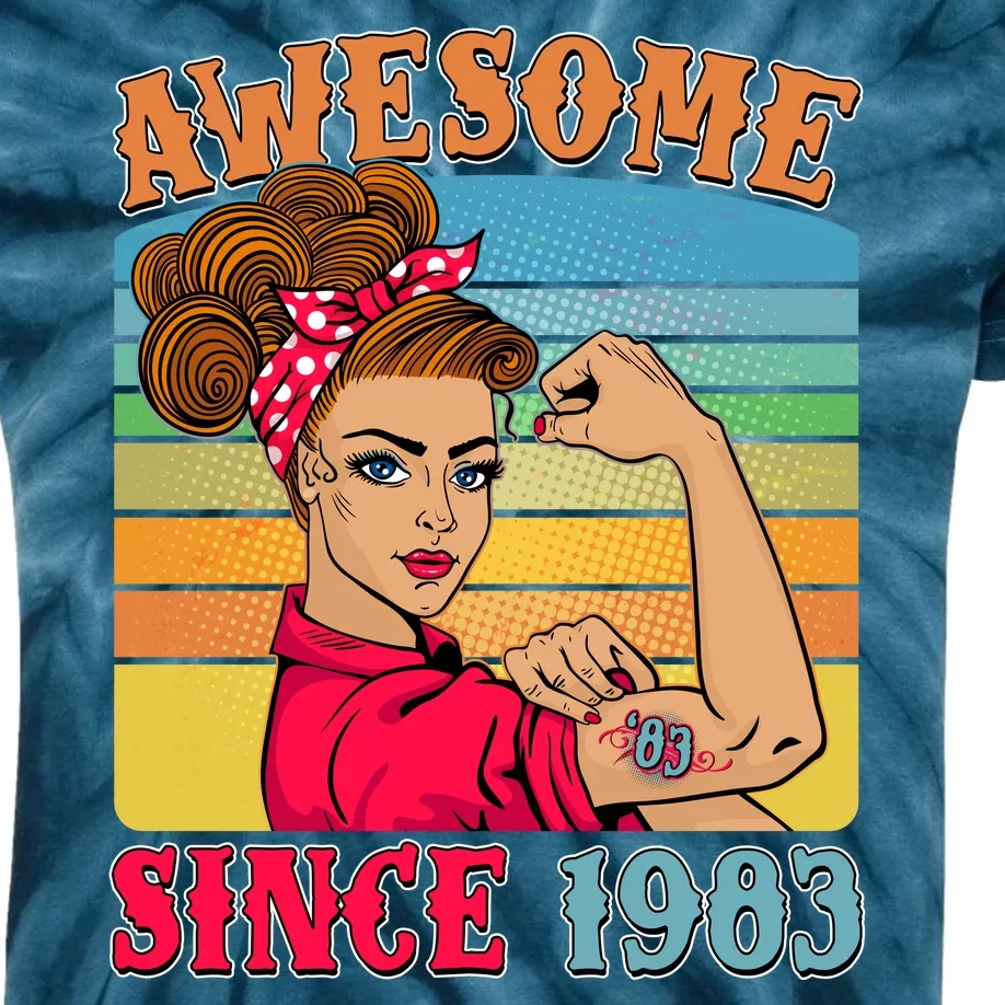 Awesome Since 1983 40th Birthday Messy Bun Rosie The Riveter Kids Tie-Dye T-Shirt