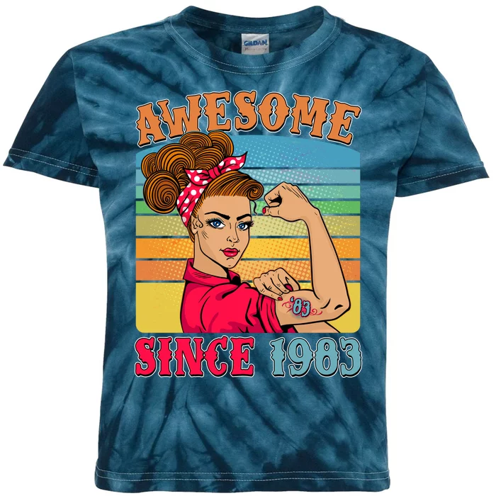 Awesome Since 1983 40th Birthday Messy Bun Rosie The Riveter Kids Tie-Dye T-Shirt