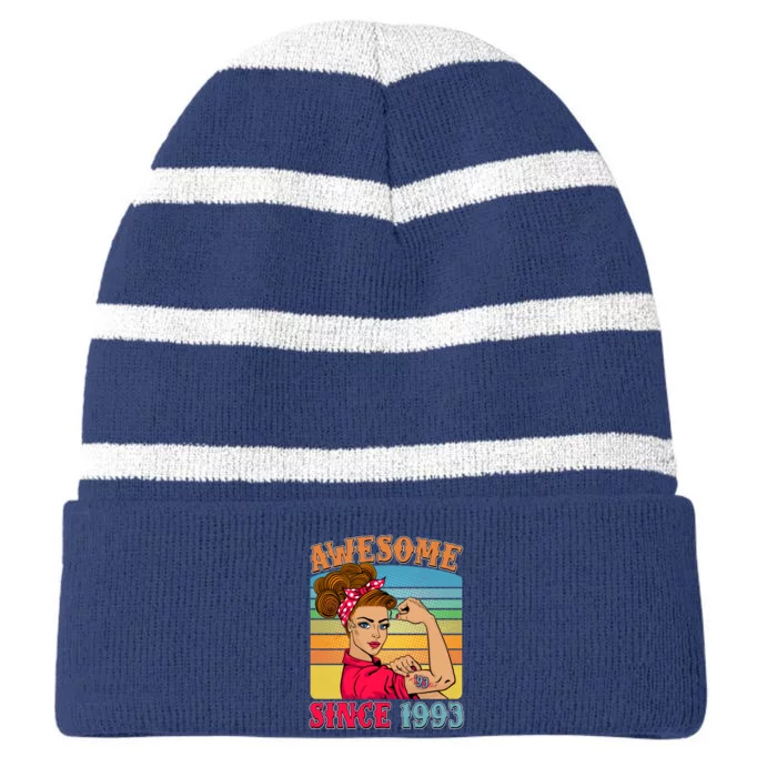 Awesome Since 1993 30th Birthday Messy Bun Rosie The Riveter Striped Beanie with Solid Band