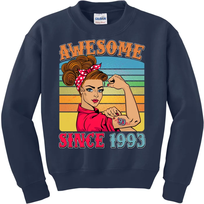 Awesome Since 1993 30th Birthday Messy Bun Rosie The Riveter Kids Sweatshirt