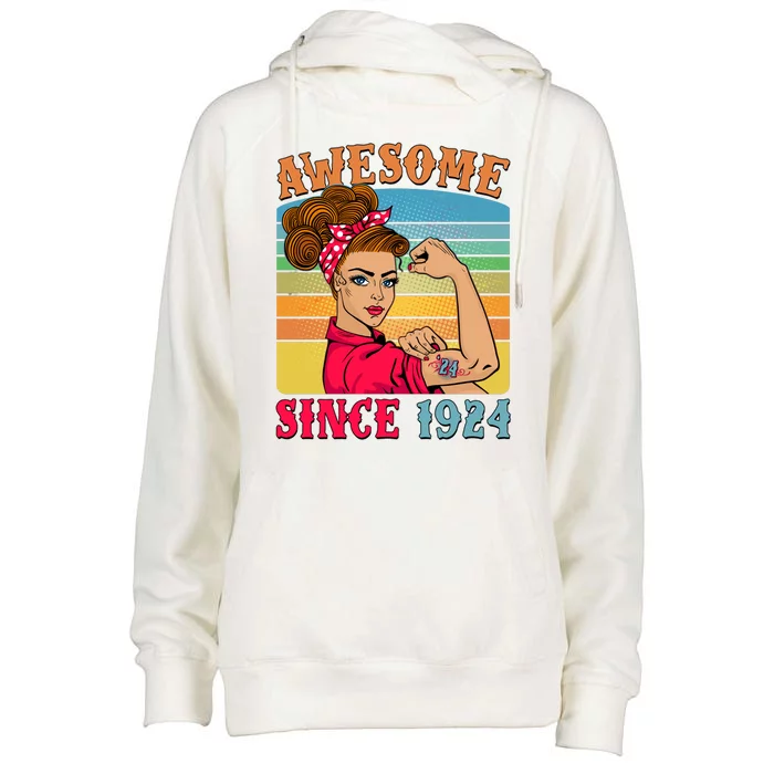 Awesome Since 1924 100th Birthday Messy Bun Rosie The Riveter Womens Funnel Neck Pullover Hood