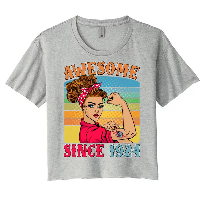 Awesome Since 1924 100th Birthday Messy Bun Rosie The Riveter Women's Crop Top Tee