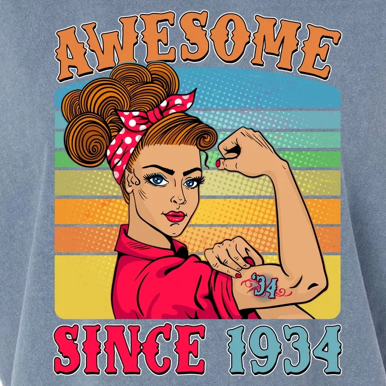 Awesome Since 1934 90th Birthday Messy Bun Rosie The Riveter Garment-Dyed Women's Muscle Tee