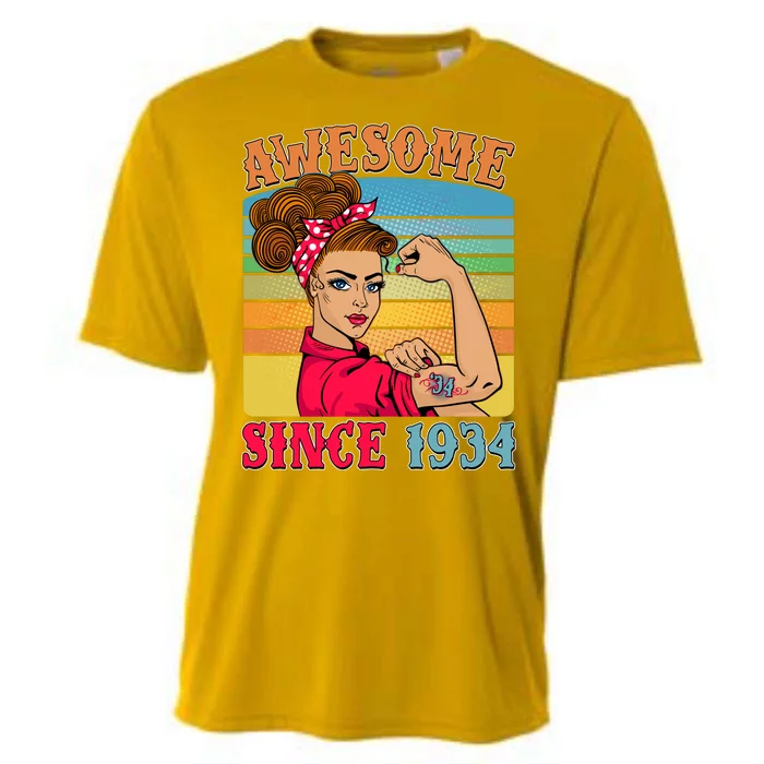 Awesome Since 1934 90th Birthday Messy Bun Rosie The Riveter Cooling Performance Crew T-Shirt