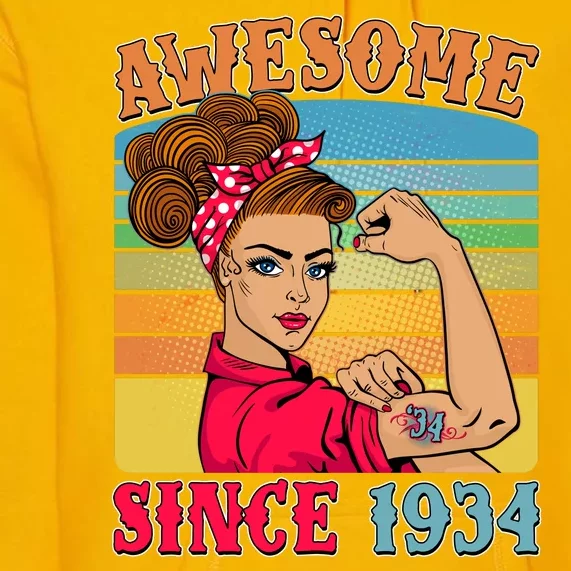 Awesome Since 1934 90th Birthday Messy Bun Rosie The Riveter Premium Hoodie