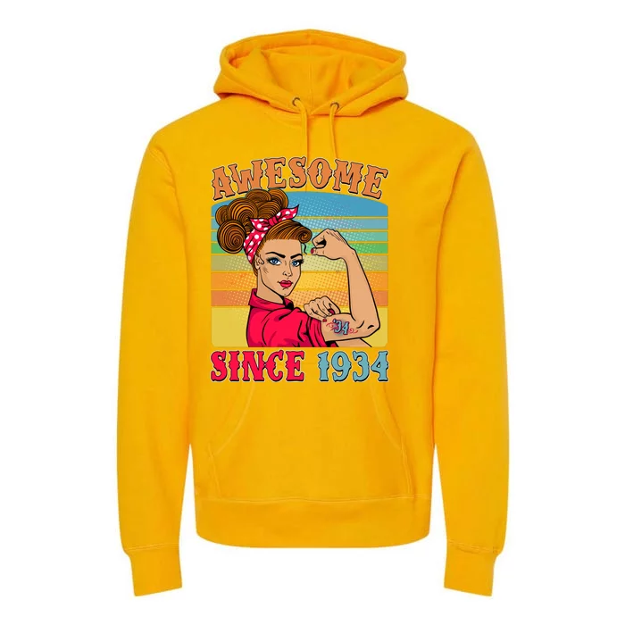 Awesome Since 1934 90th Birthday Messy Bun Rosie The Riveter Premium Hoodie