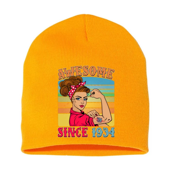 Awesome Since 1934 90th Birthday Messy Bun Rosie The Riveter Short Acrylic Beanie