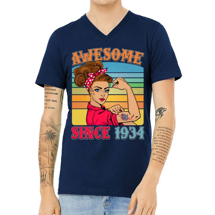 Awesome Since 1934 90th Birthday Messy Bun Rosie The Riveter V-Neck T-Shirt