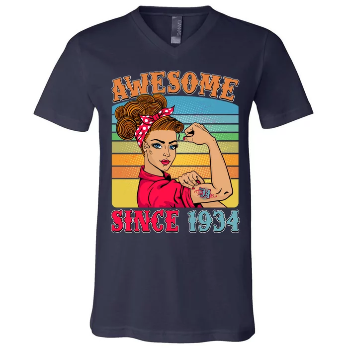 Awesome Since 1934 90th Birthday Messy Bun Rosie The Riveter V-Neck T-Shirt