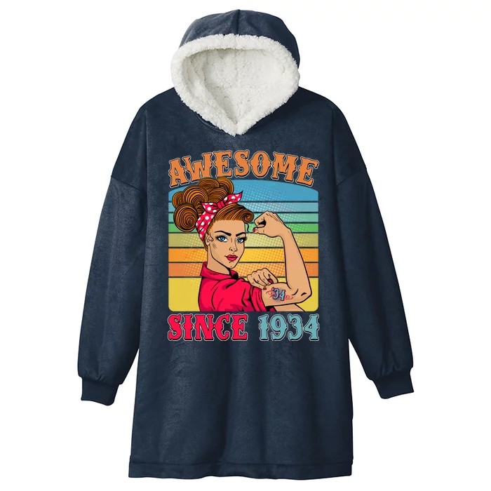 Awesome Since 1934 90th Birthday Messy Bun Rosie The Riveter Hooded Wearable Blanket