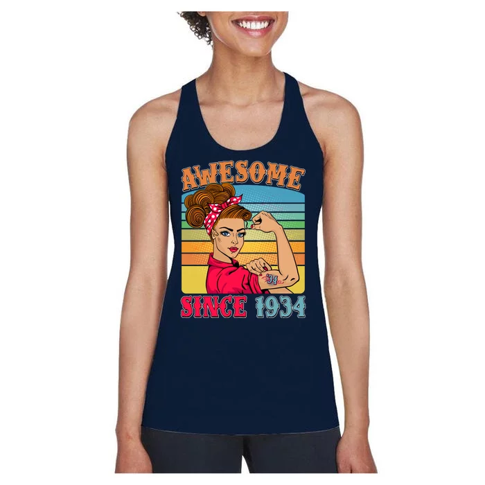 Awesome Since 1934 90th Birthday Messy Bun Rosie The Riveter Women's Racerback Tank