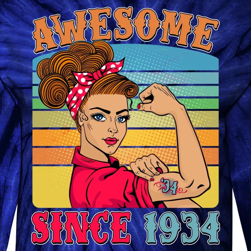 Awesome Since 1934 90th Birthday Messy Bun Rosie The Riveter Tie-Dye Long Sleeve Shirt