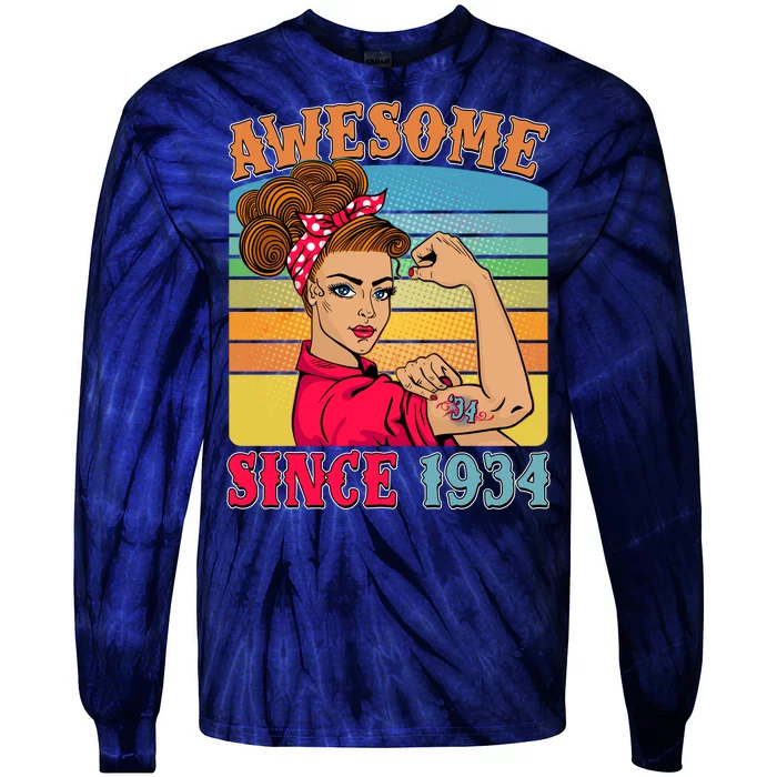 Awesome Since 1934 90th Birthday Messy Bun Rosie The Riveter Tie-Dye Long Sleeve Shirt