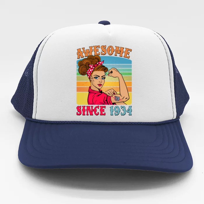 Awesome Since 1934 90th Birthday Messy Bun Rosie The Riveter Trucker Hat