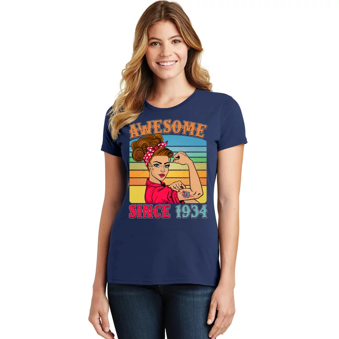 Awesome Since 1934 90th Birthday Messy Bun Rosie The Riveter Women's T-Shirt