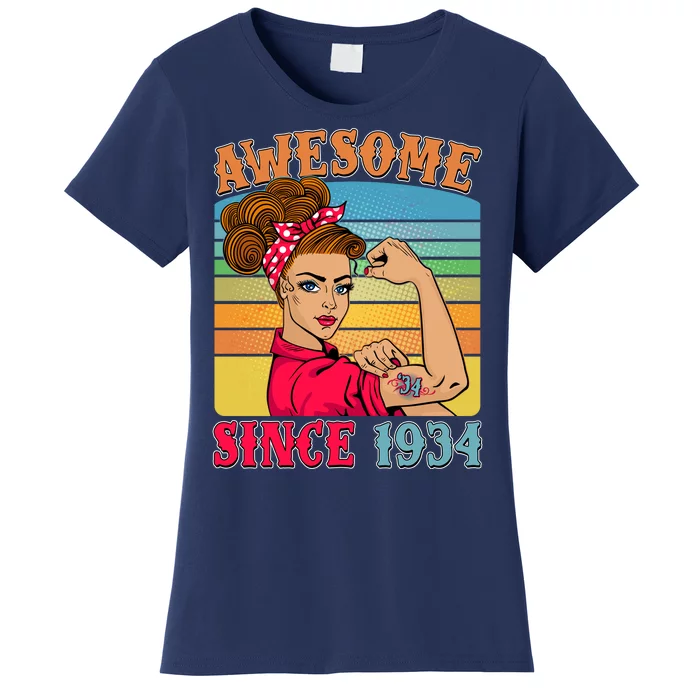 Awesome Since 1934 90th Birthday Messy Bun Rosie The Riveter Women's T-Shirt