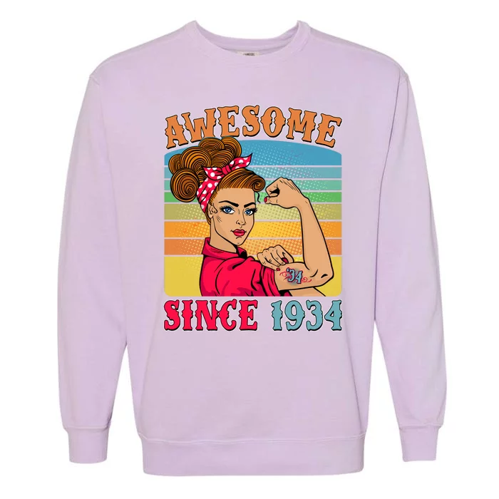 Awesome Since 1934 90th Birthday Messy Bun Rosie The Riveter Garment-Dyed Sweatshirt