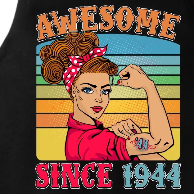 Awesome Since 1944 80th Birthday Messy Bun Rosie The Riveter Ladies Tri-Blend Wicking Tank