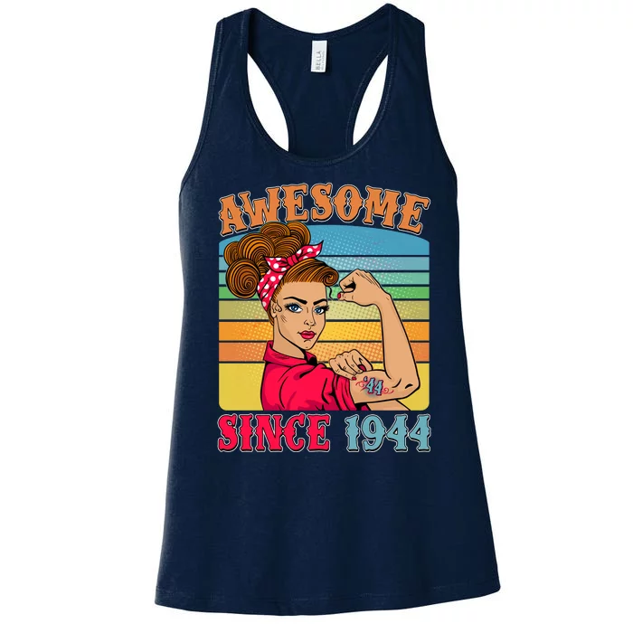 Awesome Since 1944 80th Birthday Messy Bun Rosie The Riveter Women's Racerback Tank