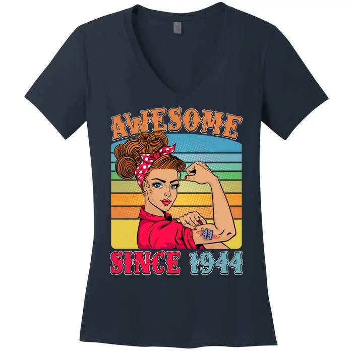 Awesome Since 1944 80th Birthday Messy Bun Rosie The Riveter Women's V-Neck T-Shirt