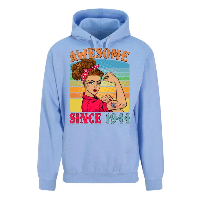 Awesome Since 1944 80th Birthday Messy Bun Rosie The Riveter Unisex Surf Hoodie