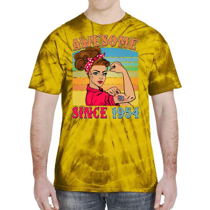 Awesome Since 1954 70th Birthday Messy Bun Rosie The Riveter Tie-Dye T-Shirt