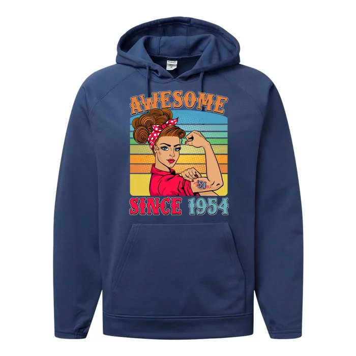 Awesome Since 1954 70th Birthday Messy Bun Rosie The Riveter Performance Fleece Hoodie