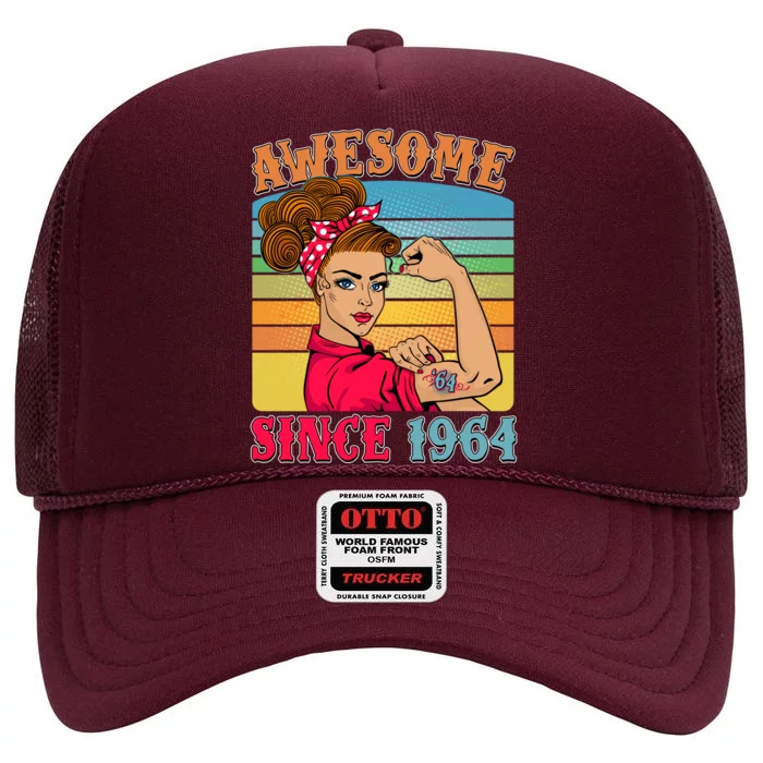 Awesome Since 1964 60th Birthday Messy Bun Rosie The Riveter High Crown Mesh Trucker Hat