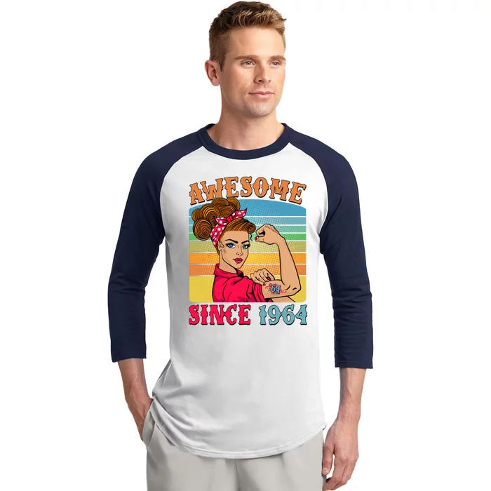 Awesome Since 1964 60th Birthday Messy Bun Rosie The Riveter Baseball Sleeve Shirt