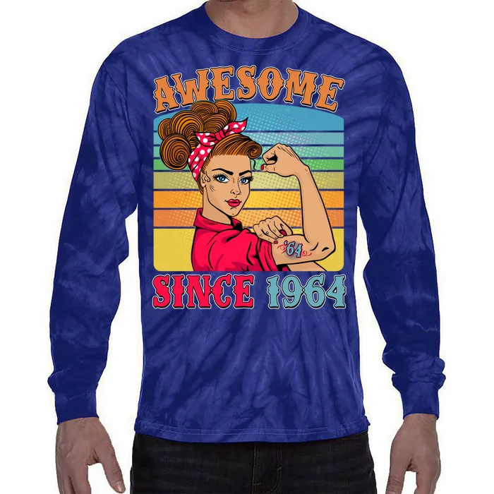 Awesome Since 1964 60th Birthday Messy Bun Rosie The Riveter Tie-Dye Long Sleeve Shirt