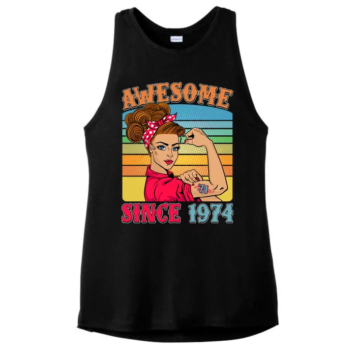 Awesome Since 1974 50th Birthday Messy Bun Rosie The Riveter Ladies Tri-Blend Wicking Tank