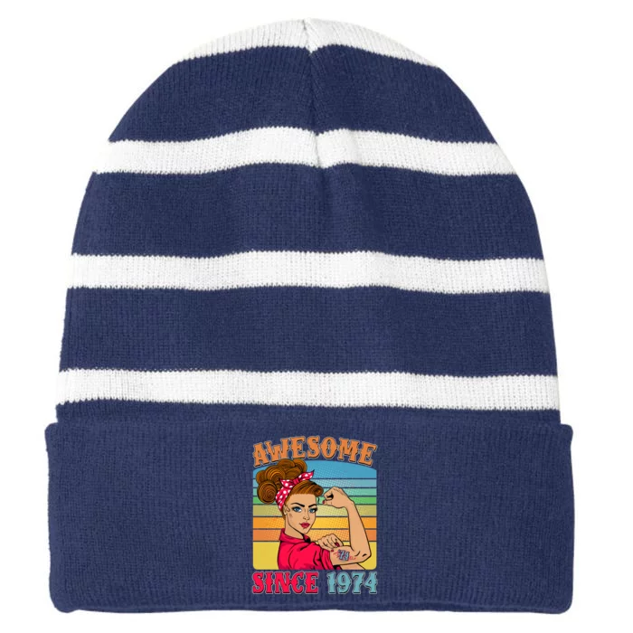 Awesome Since 1974 50th Birthday Messy Bun Rosie The Riveter Striped Beanie with Solid Band